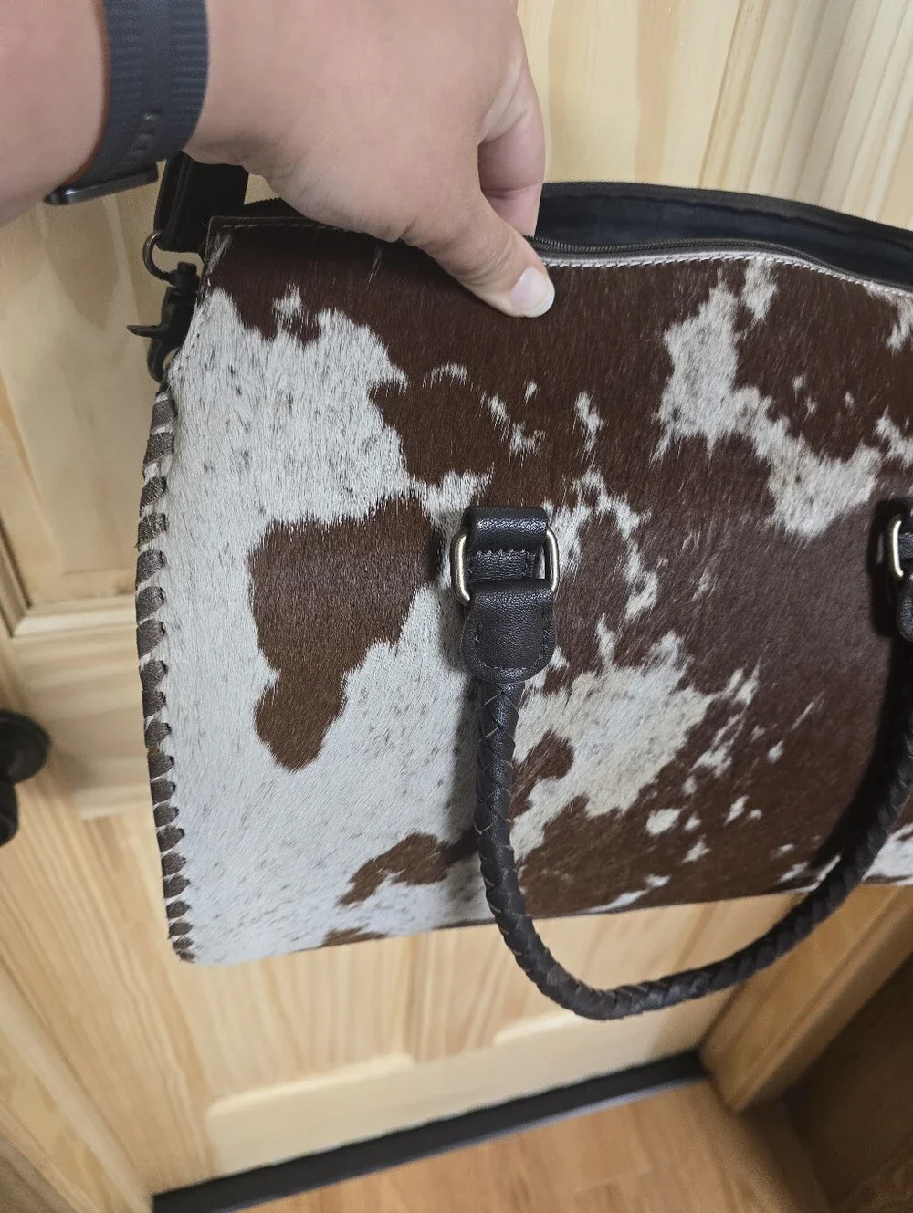 Brown and White Cowhide Dome Satchel - Women's Shoulder Bag